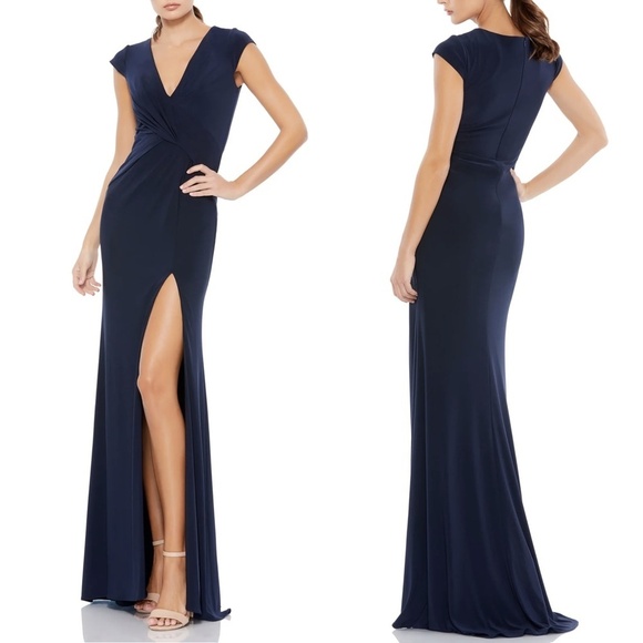 Mac Duggal Dresses & Skirts - NWT Ieena for Mac Duggal V Neck Ruched Jersey Gown in Navy Sz. 14